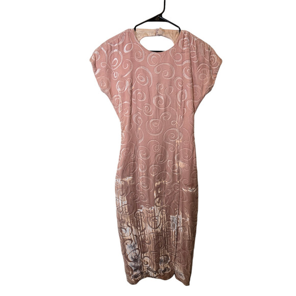 Vintage 80s Pink Velvet Dress with Abstract Swirl Pattern  Keyhole Retro Glam - Picture 1 of 9